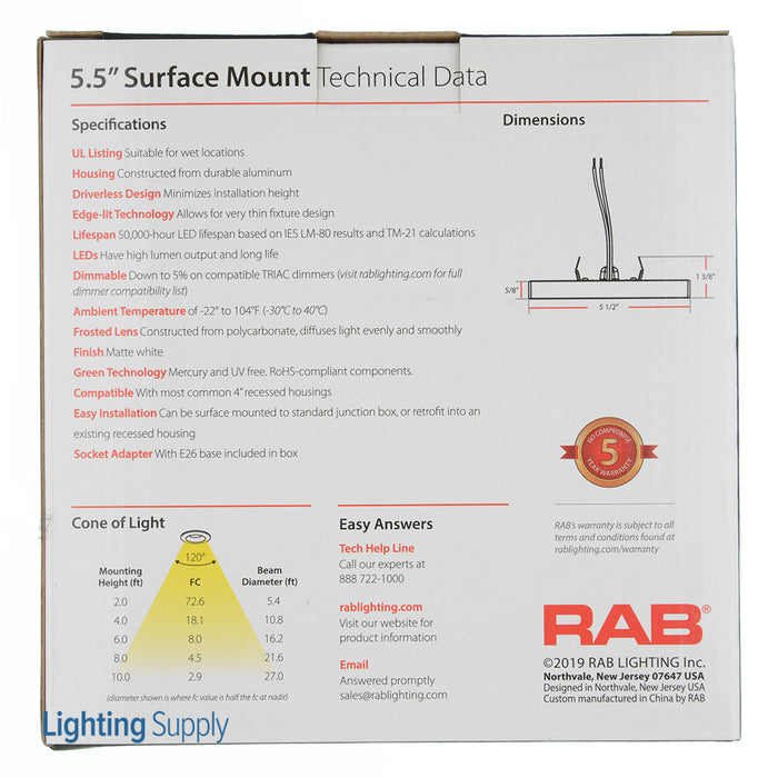 RAB Downlight Surface Mount 5.5 Inch Square 10W600Lm E26 80 CRI 3000K 120V Smooth (SM5.5S10830120W)