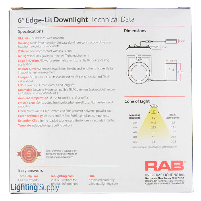 RAB Downlight Wafer 6 Inch Round 12W 750Lm 80 CRI 3000K 120V Smooth (WFR6R12830120WS)