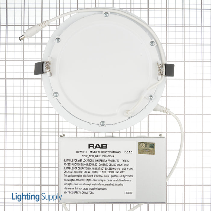 RAB Downlight Wafer 6 Inch Round 12W 750Lm 80 CRI 3000K 120V Smooth (WFR6R12830120WS)