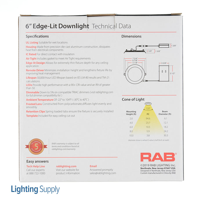 RAB Downlight Wafer 6 Inch Round 12W 750Lm 90 CRI 4000K 120V Smooth (WFR6R12940120WS)