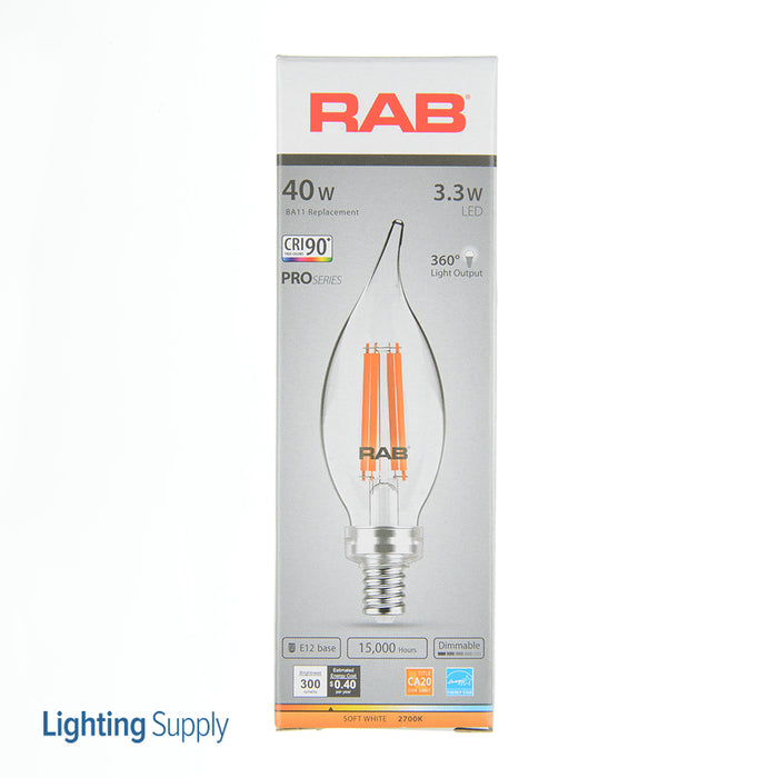 RAB Filament BA11 3.3W 40W Equivalent 300Lm E12 90 CRI 2700K Dimmable Clear (BA11-3-E12-927-F-C)