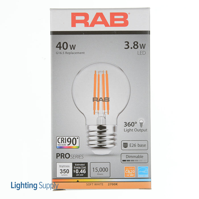 RAB Filament G16.5 3.8W 40W Equivalent 350Lm E26 90 CRI 2700K Dimmable Clear (G16.5-3-E26-927-F-C)