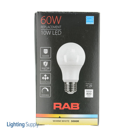 RAB LED Lamp A19 10W 60W Equivalent 800Lm E26 Base 80 CRI 3000K 6 Pack Priced Per Each Dimmable (A19-10-E26-830-DIM 6PK)