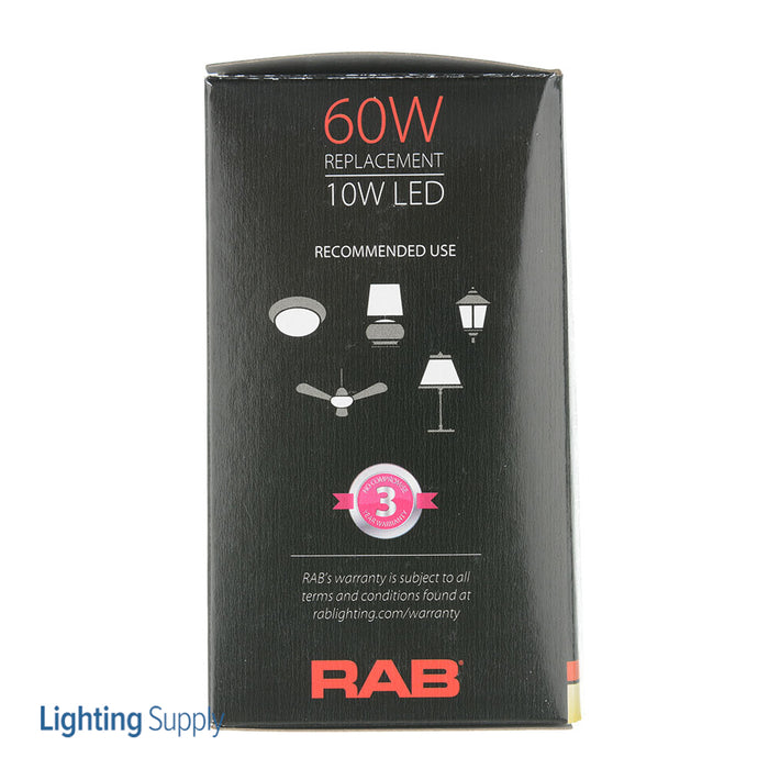 RAB LED Lamp A19 10W 60W Equivalent 800Lm E26 Base 80 CRI 3000K 6 Pack Priced Per Each Dimmable (A19-10-E26-830-DIM 6PK)