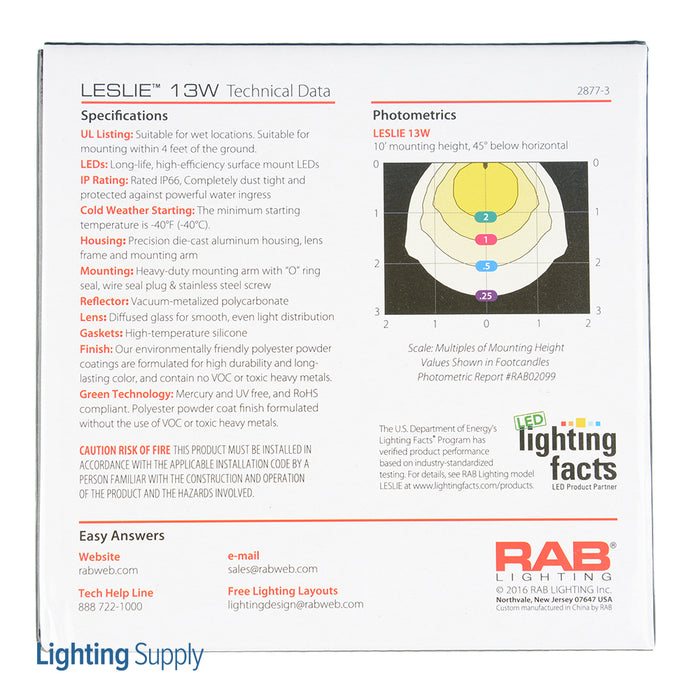 RAB Leslie Bullet Flood 13W LED 120V 3000K 80 CRI Black (LES13YB)