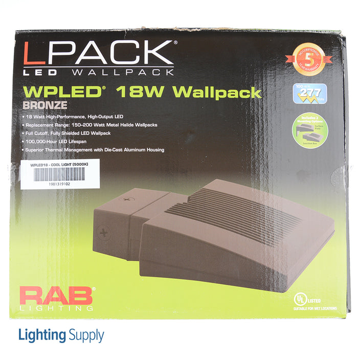 RAB LPack Wall Pack 18W Cool LED With Backplate And Junction Box Bronze (WPLED18)