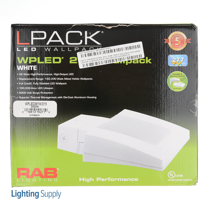 RAB LPack Wall Pack 26W Warm LED Dimmable With Backplate And Junction Box White (WPLED26YW/D10)