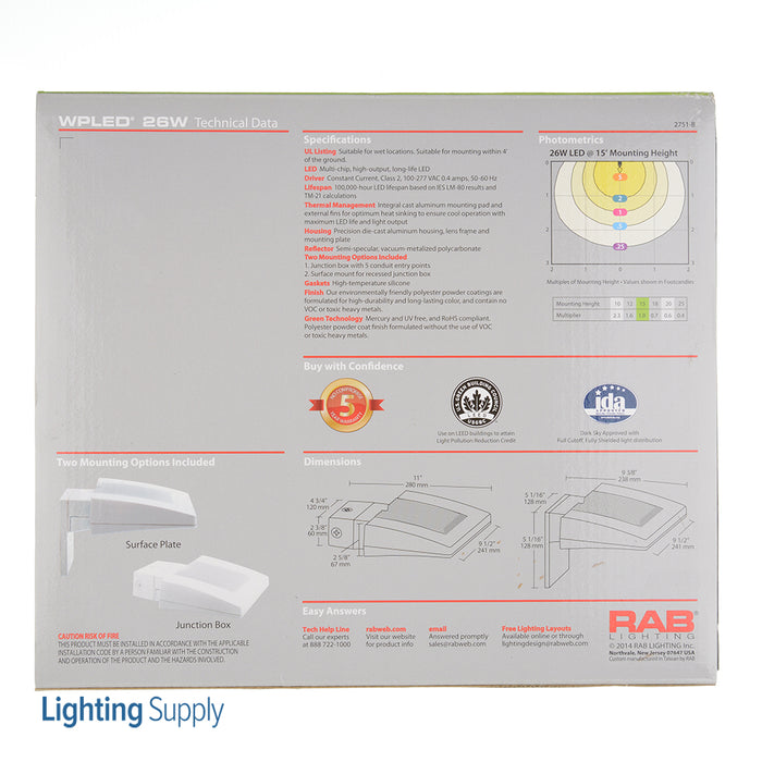 RAB LPack Wall Pack 26W Warm LED Dimmable With Backplate And Junction Box White (WPLED26YW/D10)