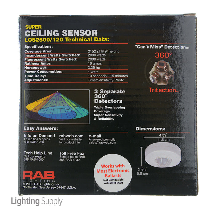RAB Occupancy Sensor 2000W 120V Ceiling White (LOS2500/120)