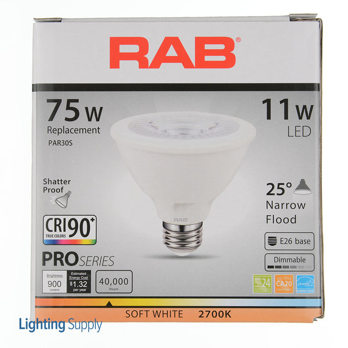 RAB PAR30S 11W 75W Equivalent 900Lm E26 90 CRI 2700K Dimmable 25 Degree (PAR30S-11-927-25D-DIM)