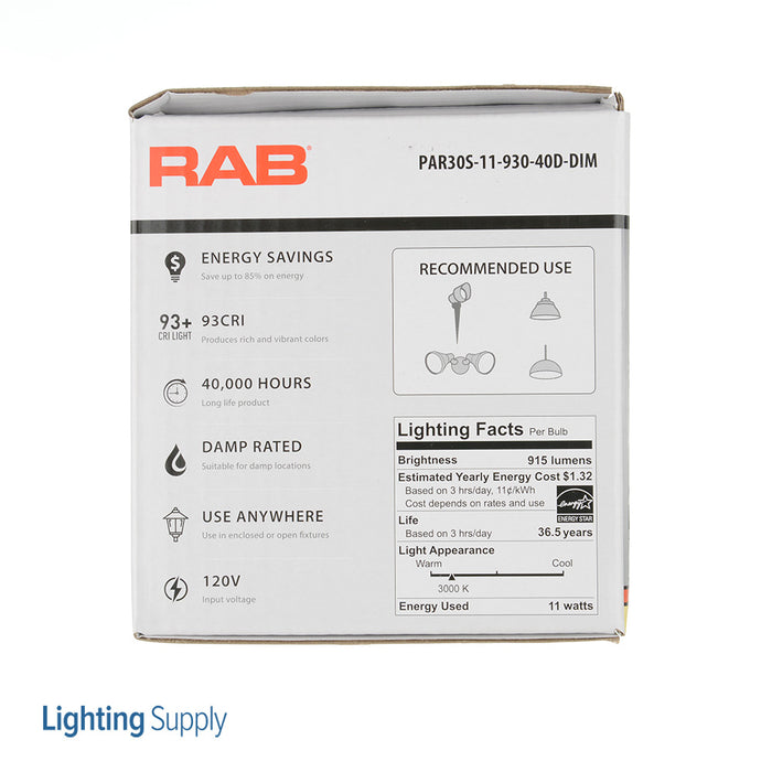 RAB PAR30S 11W 75W Equivalent 900Lm E26 90 CRI 3000K Dimmable 40 Degree (PAR30S-11-930-40D-DIM)