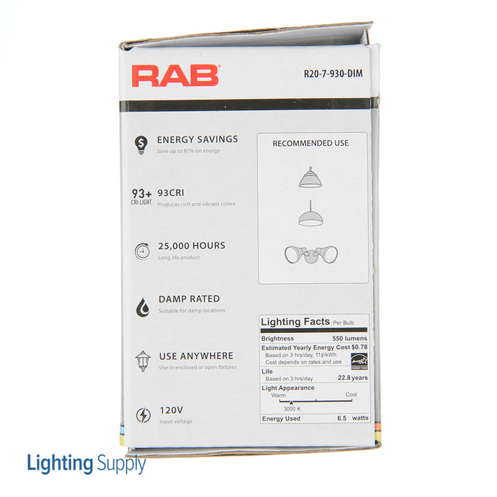 RAB R20 7W 50W Equivalent 550Lm E26 90 CRI 3000K Dimmable (R20-7-930-DIM)