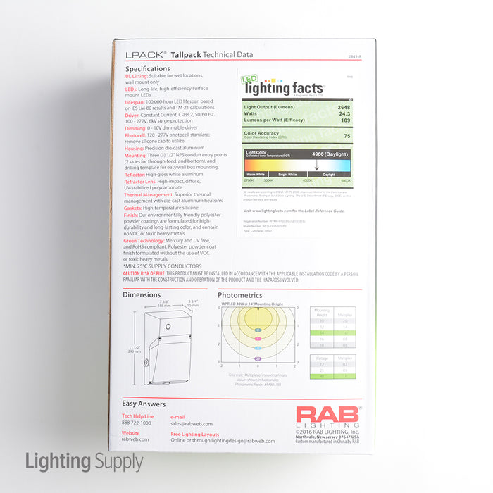 RAB Tallpack LED 25W Cool 0-10V Dimming 120-277V Photocell Bronze (WPTLED25/D10/PC2)