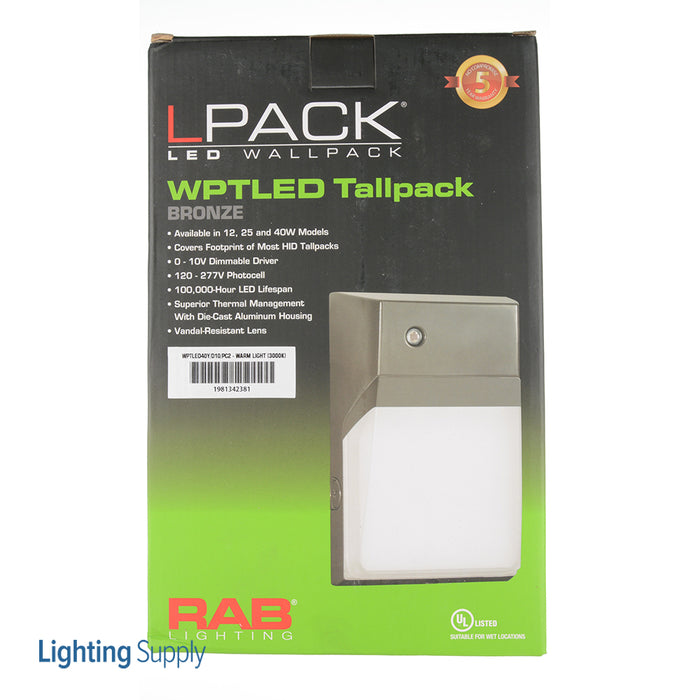 RAB Tallpack LED 40W Warm 0-10V Dimming 120-277V Photocell Bronze (WPTLED40Y/D10/PC2)