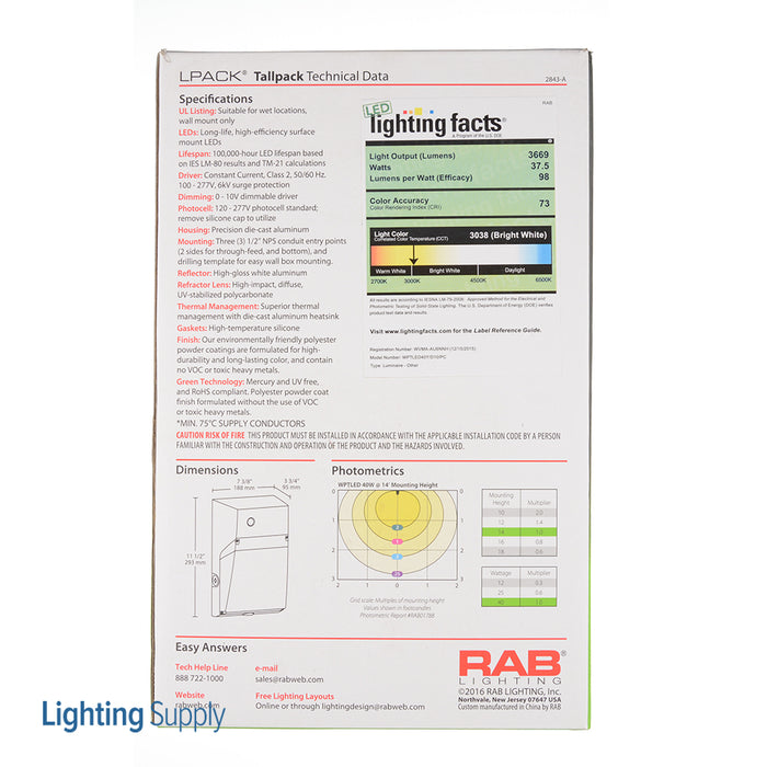 RAB Tallpack LED 40W Warm 0-10V Dimming 120-277V Photocell Bronze (WPTLED40Y/D10/PC2)