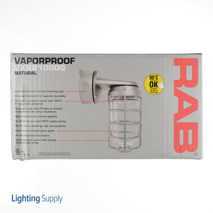 RAB Vaporproof 100 Wall Bracket 4 Inch Box 1/2 Inch With Glass Globe Cast Guard (VXBR100DG)