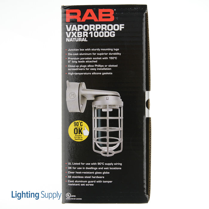 RAB Vaporproof 100 Wall Bracket 4 Inch Box 1/2 Inch With Glass Globe Cast Guard (VXBR100DG)