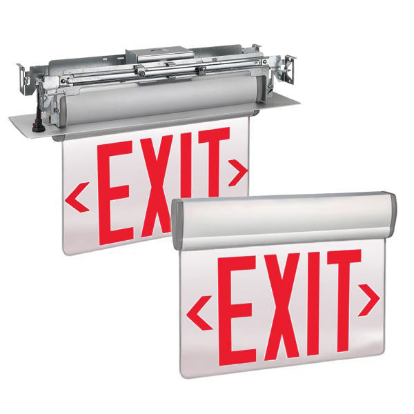 Exitronix Universal LED Edge-Lit Exit Sign Single Face Red Letters/Mirror Background Double Face Red Letters/Mirror Background NiCad Battery Surface/Recessed Mount Brushed Aluminum Finish Gray Endcaps (S900UM-WB-SR-R-AG)