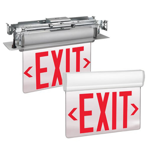 Exitronix Universal LED Edge-Lit Exit Sign Single Face Red Letters/Mirror Background Double Face Red Letters/Mirror Background Less Battery Surface And Recessed Mount White Finish (S900UM-LB-SR-R-WH)