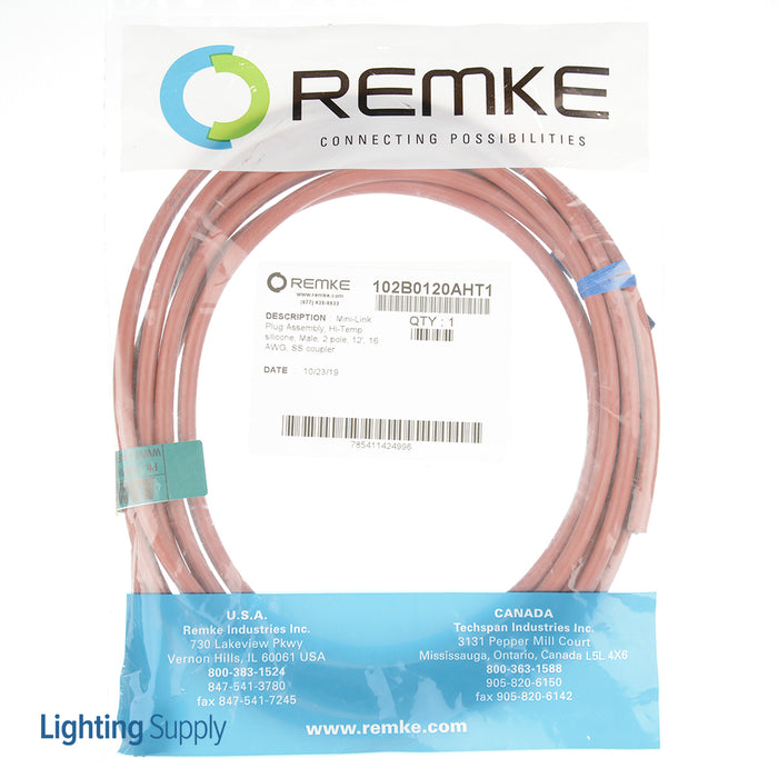Remke Mini-Link Plug Assembly High Temperature Silicone Male 2-Pole 12 Foot 16 AWG Stainless Steel Coupler (102B0120AHT1)