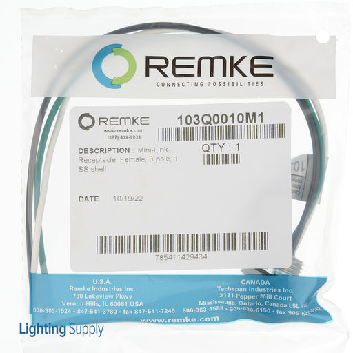 Remke Mini-Link Receptacle Female 3-Pole 1 Foot Stainless Steel Shell (103Q0010M1)