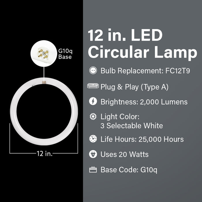 Feit Electric 12 Inch 20W [32W Equivalent] CCT Selectable 3500K/4000K/6500K G10Q T9 Direct Replacement Type A Non-Dimmable Circular LED Light (FC12/3CCT/LED)