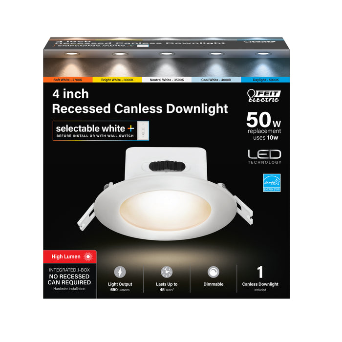 Feit Electric 4 Inch CCT Selectable 2700K/3000K/3500K/4000K/5000K Integrated J-Box Recessed Downlight (LEDR4JBX/6WYCA)