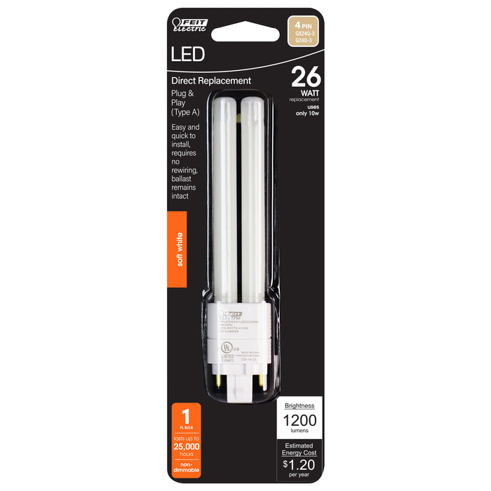 Feit Electric 10W [26W Equivalent] Soft White 2700K G24Q-3 4-Pin Direct Replacement Type A PL Replacement LED Bulb (BPPLD26E827LEDG2HDRP)