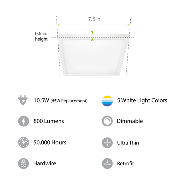 Feit Electric 7.5 Inch 10.5W [65W Equivalent] CCT Selectable 3000K/3500K/4000K/5000K/6500K White Square Flat Panel Ceiling Downlight (74208/6WYCA)