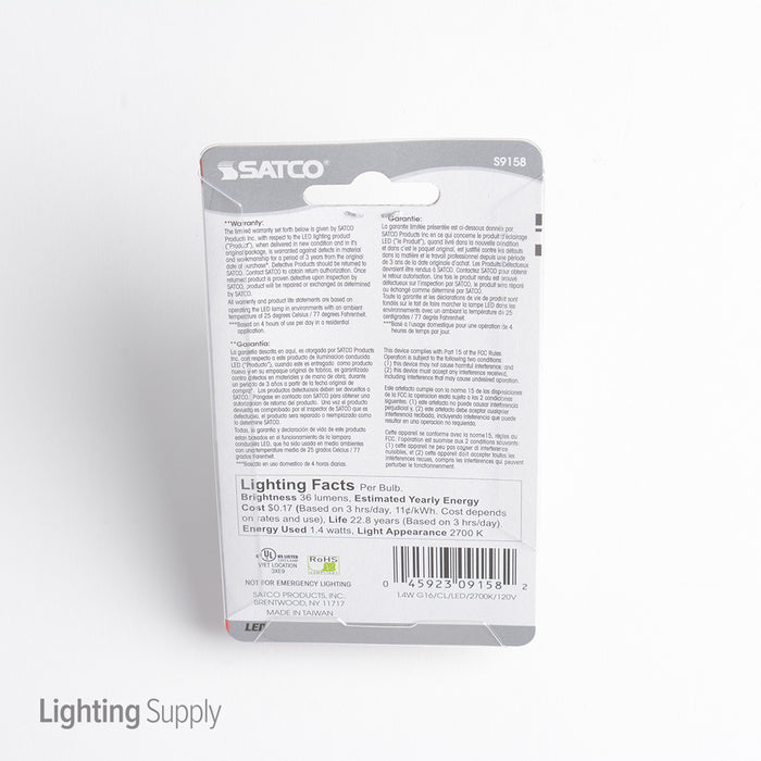 SATCO/NUVO 1.4W G16.5/CL/LED/120V/CD 1.4W LED G16 1/2 Clear 2700K Medium Base 120V (S9158)