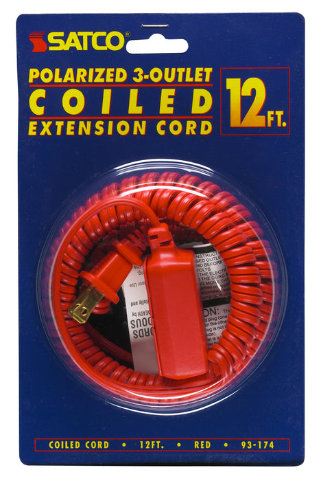 SATCO/NUVO 12 Foot Coiled Extended Extension Cord Red Finish 16/2 SPT-2 13A-125V-1625W Rating (93-174)