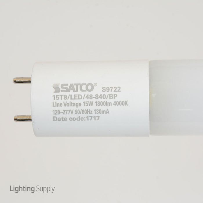 SATCO/NUVO 15T8/LED/48-840/BP 15W T8 LED Medium Bi-Pin Base 4000K 50000 Hours 1800Lm Type B Ballast Bypass Single Ended Wiring (S9722)