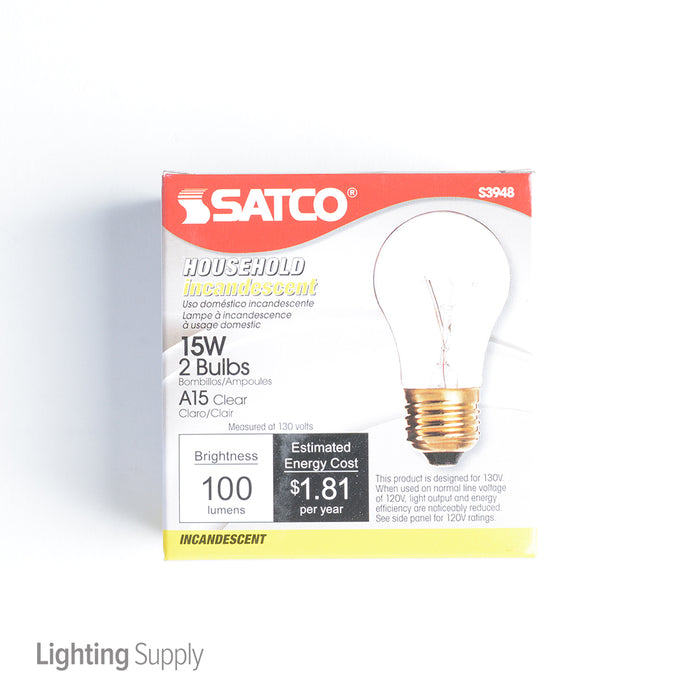 SATCO/NUVO 15A15 15W A15 Incandescent Clear 2500 Hours 100Lm Medium Base 130V 2 Per Pack 2700K (S3948)
