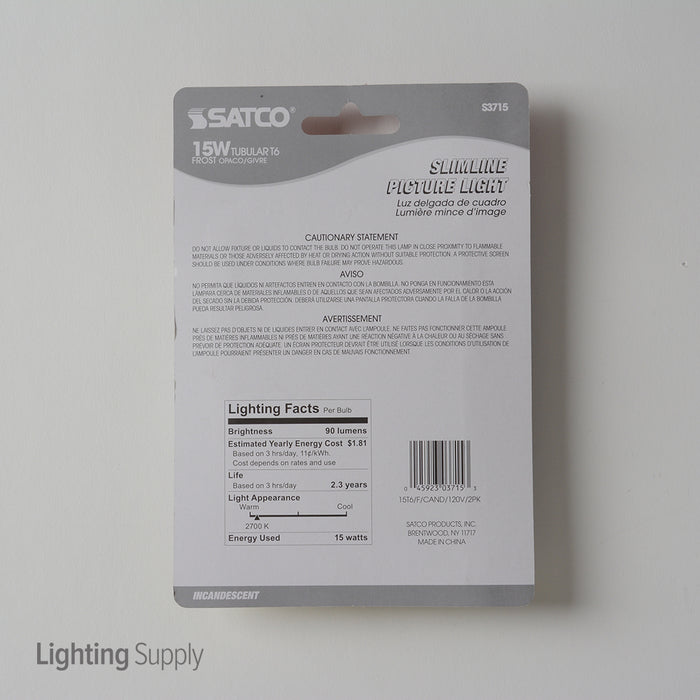 SATCO/NUVO 15T6/F 15W T6 Incandescent Frost 2500 Hours 90Lm Candelabra Base 120V 2 Per Card 2700K (S3715)