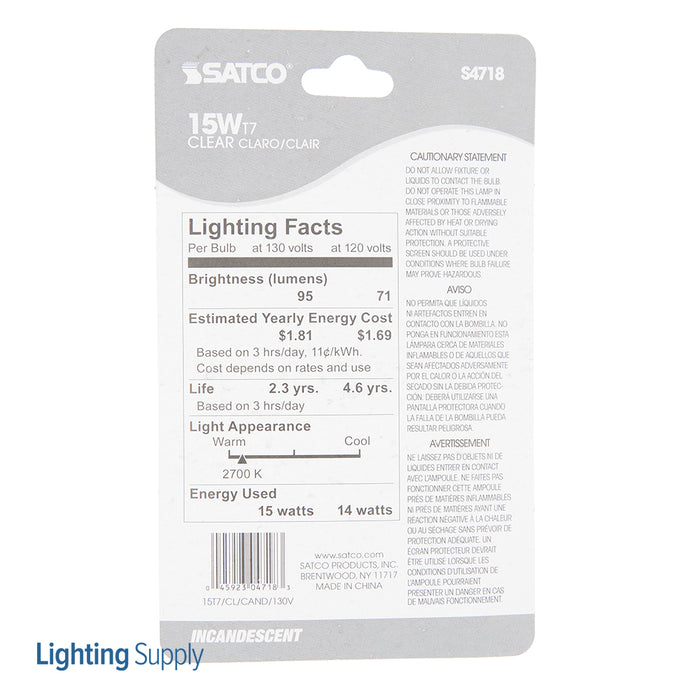 SATCO/NUVO 15T7C 15W T7 Incandescent Clear 2500 Hours 95Lm Candelabra Base 130V 2700K (S4718)