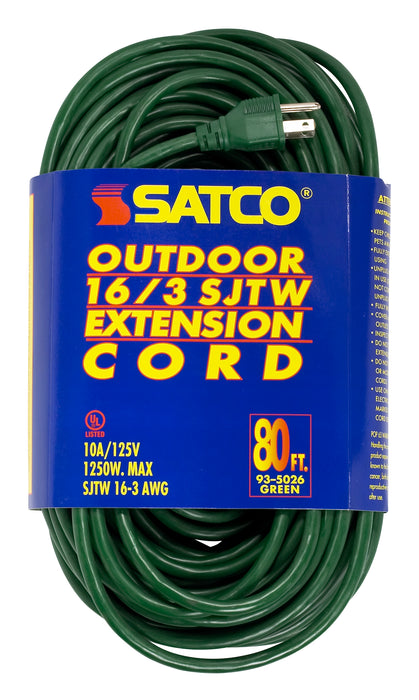 SATCO/NUVO 80 Foot Green Heavy Duty Outdoor Extension Cord 16/3 Gauge SJTW-3 Green Cord With Sleeve 10A-125V 1250W (93-5026)