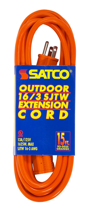 SATCO/NUVO 15 Foot Orange Heavy Duty Outdoor Extension Cord 16/3 Gauge SJTW-3 Orange Cord With Sleeve 13A-125V 1625W (93-5035)