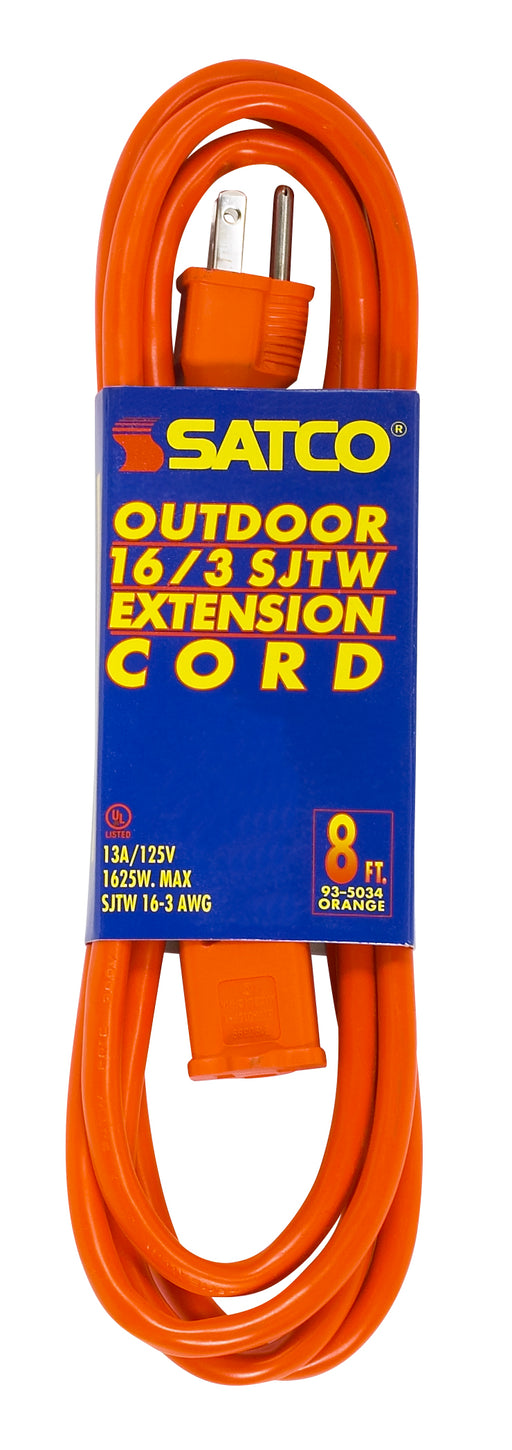 SATCO/NUVO 8 Foot Orange Heavy Duty Outdoor Extension Cord 16/3 Gauge SJTW-3 Orange Cord With Sleeve 13A-125V 1625W (93-5034)