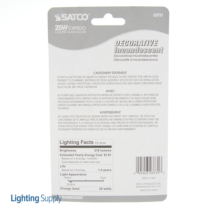 SATCO/NUVO 25B11 25W B11 Incandescent Clear 1500 Hours 210Lm Medium Base 120V 2 Per Card 2700K (S3731)