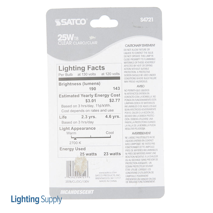SATCO/NUVO 25T8/DC 25W T8 Incandescent Clear 2500 Hours 190Lm DC Bay Base 130V 2700K (S4721)