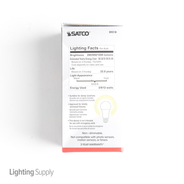 SATCO/NUVO 3/9/12A19/3WAY LED/4000K/120V 3/9/12W A19 LED 3-Way Frosted 4000K Medium Base 220 Degree Beam Spread 120V (S9318)