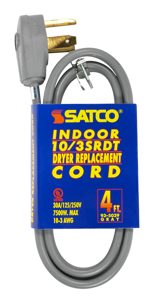 SATCO/NUVO 4 Foot 3 Wire Heavy Duty Replacement Dryer Cord 10-3 SRDT Gray Flat Indoor Use Only 30A/125V-250V 7500W (93-5039)