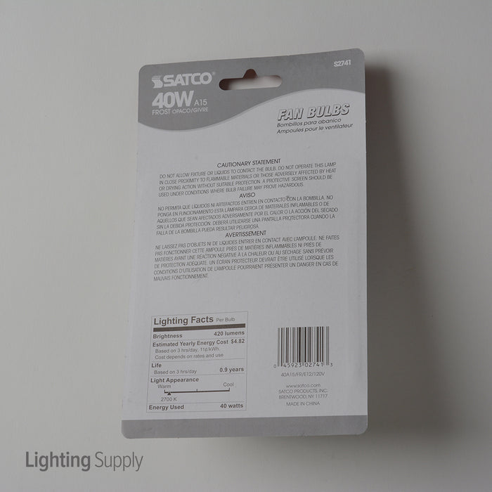 SATCO/NUVO 40A15/F/E12 40W A15 Incandescent Frost 1000 Hours 420Lm Candelabra Base 120V 2 Per Card 2700K (S2741)