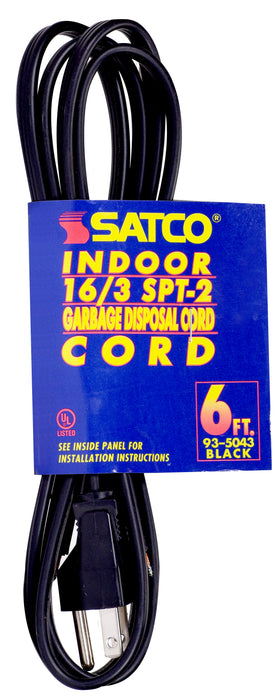 SATCO/NUVO 6 Foot 3 Wire Heavy Duty Replacement Garbage Disposal Cord 16-3 SPT-2 Black Indoor Use Only 13A/125V 1625W (93-5043)