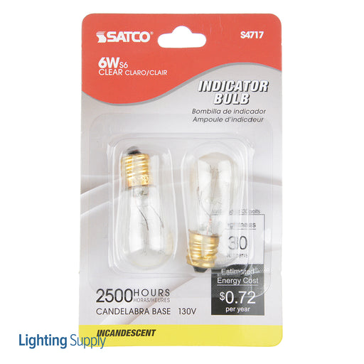 SATCO/NUVO 6S6 6W S6 Incandescent Clear 2500 Hours 30Lm Candelabra Base 130V 2 Per Card 2700K (S4717)