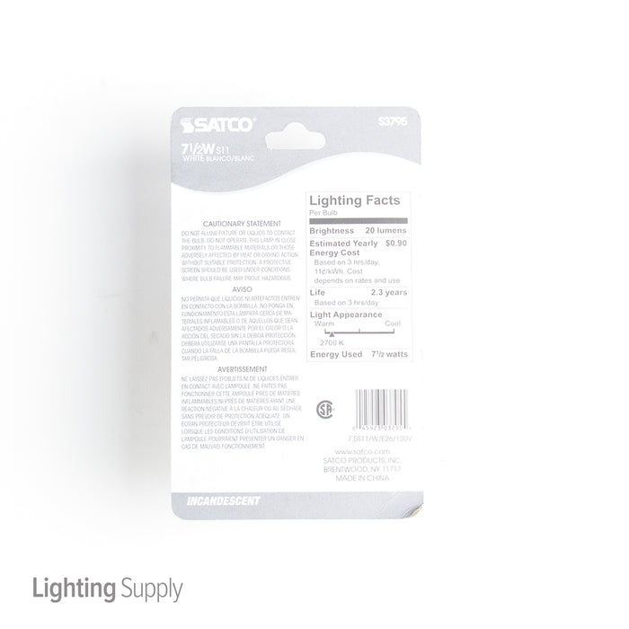 SATCO/NUVO 7 1/2S11/W 7.5W S11 Incandescent Gloss White 2500 Hours 20Lm Medium Base 120V 2700K (S3795)