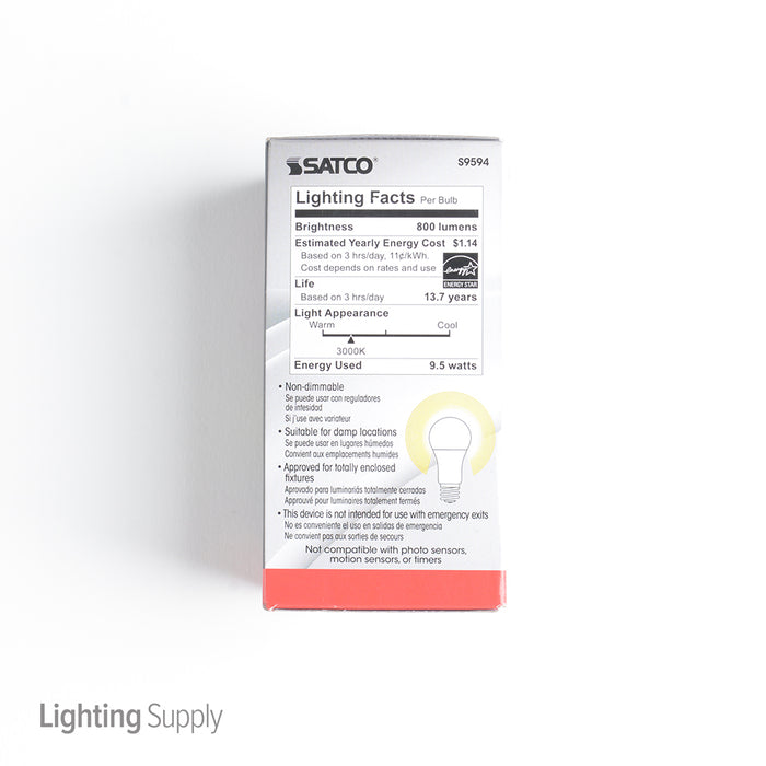 SATCO/NUVO 9.5A19/LED/3000K/120V 9.5W A19 LED Frosted 3000K Medium Base 220 Degree Beam Spread 120V Non-Dimmable (S9594)