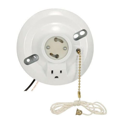 SATCO/NUVO White Phenolic GU24 On-Off Pull Chain Ceiling Receptacle With Grounded Outlet 6 Inch AWM B/W Leads 105C 4-1/2 Inch Diameter 75W 250V (90-2484)