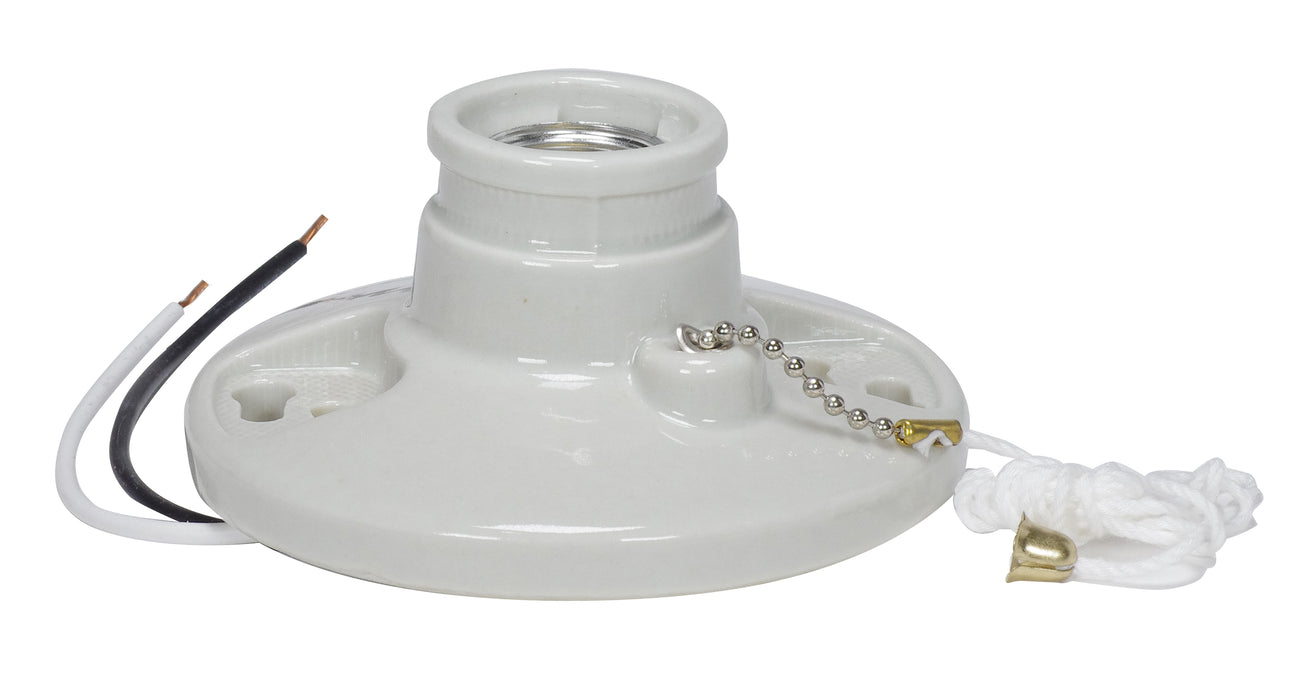 SATCO/NUVO Glazed Porcelain On-Off Pull Chain Ceiling Receptacle 7 Inch AWM B/W Leads 105C Screw Terminals 4-3/8 Inch Diameter 250W 250V (90-2639)