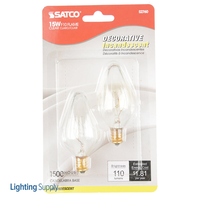 SATCO/NUVO 15F10 15W F10 Incandescent Clear 1500 Hours 110Lm Candelabra Base 120V 2 Per Card 2700K (S2760)
